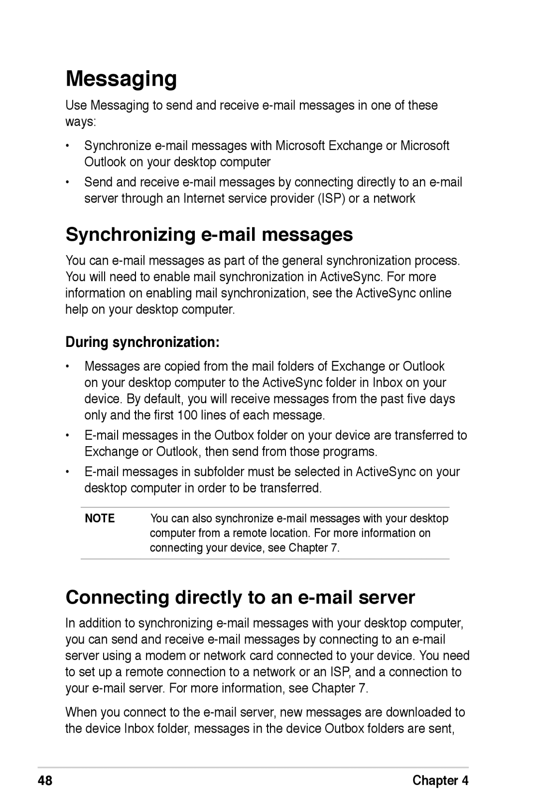 Asus A639 Messaging, Synchronizing e-mail messages, Connecting directly to an e-mail server, During synchronization 