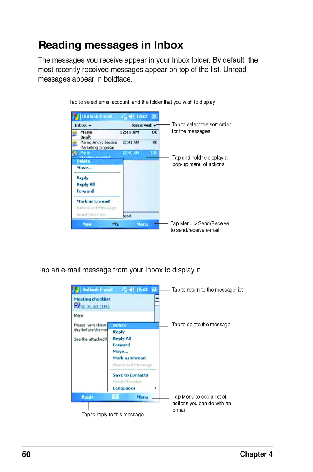 Asus A639 user manual Reading messages in Inbox, Tap an e-mail message from your Inbox to display it 