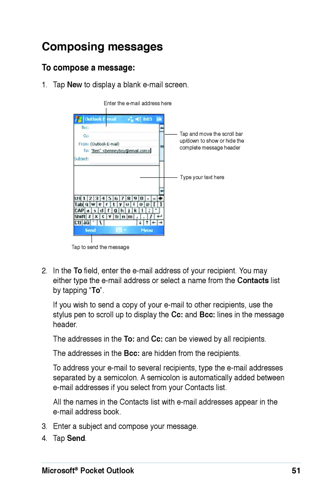 Asus A639 user manual Composing messages, To compose a message, Tap New to display a blank e-mail screen 