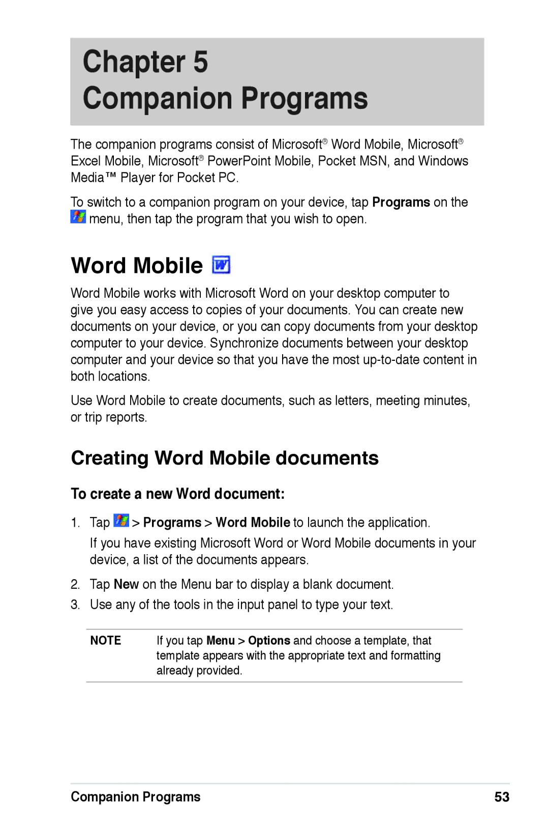 Asus A639 user manual Creating Word Mobile documents, To create a new Word document, Companion Programs 