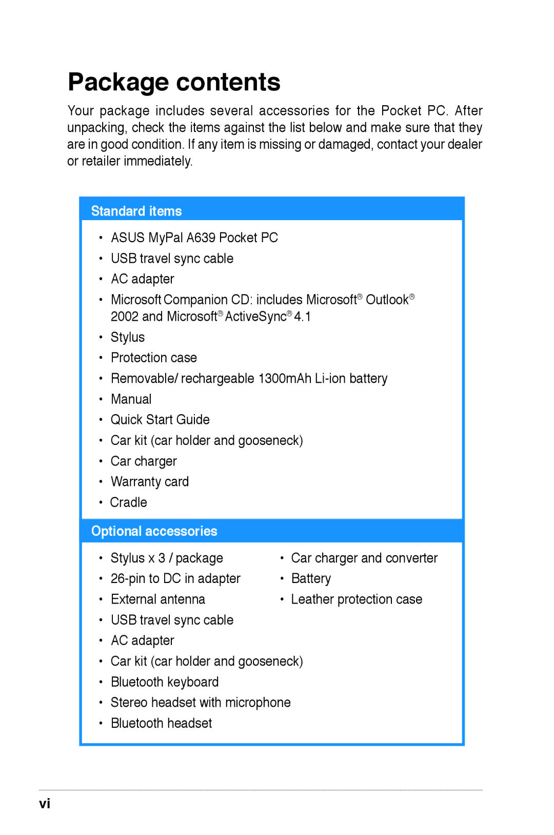 Asus A639 user manual Package contents 