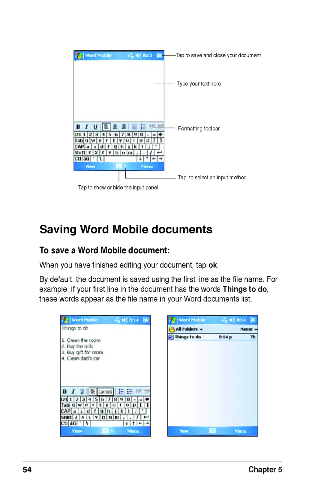 Asus A639 user manual Saving Word Mobile documents, To save a Word Mobile document 