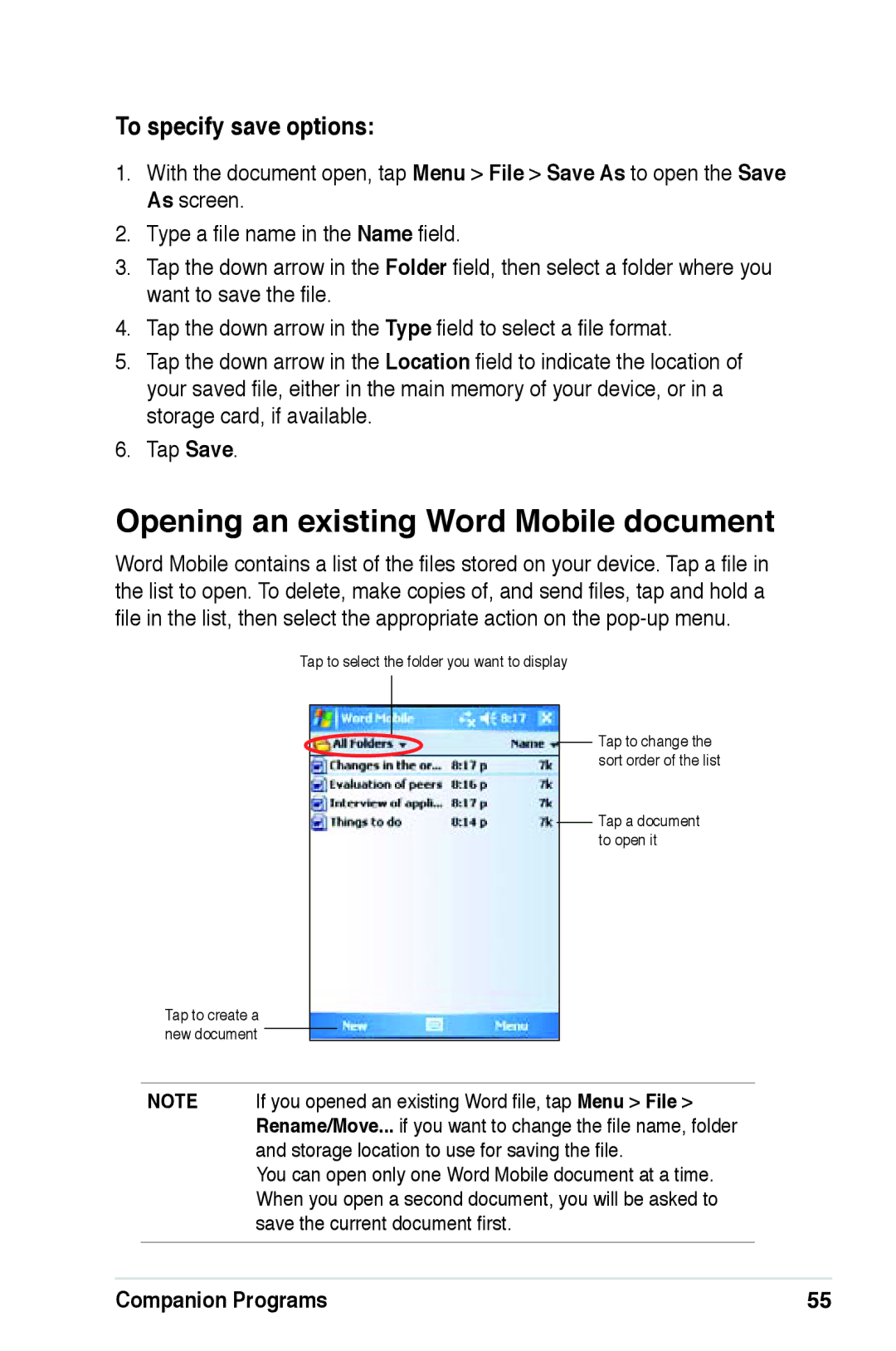 Asus A639 user manual Opening an existing Word Mobile document, To specify save options 