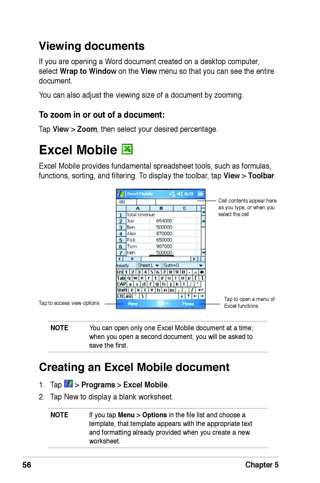 Asus A639 user manual Viewing documents, Creating an Excel Mobile document, To zoom in or out of a document 