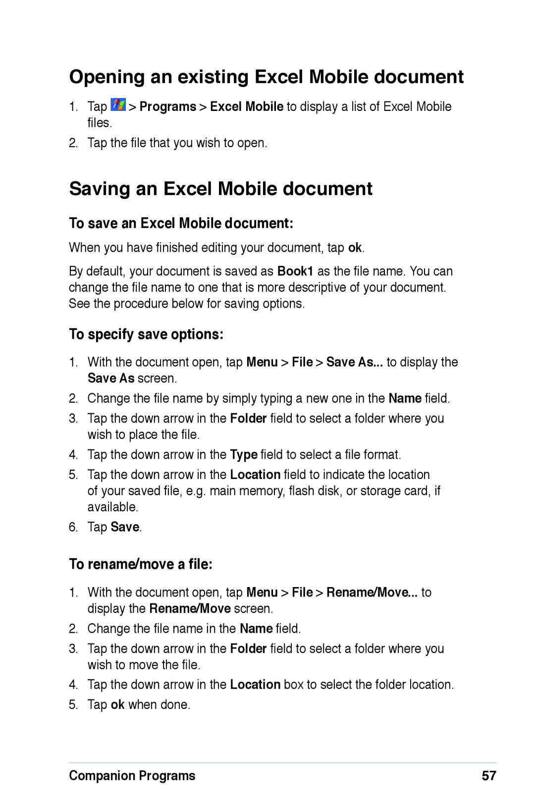 Asus A639 Opening an existing Excel Mobile document, Saving an Excel Mobile document, To save an Excel Mobile document 