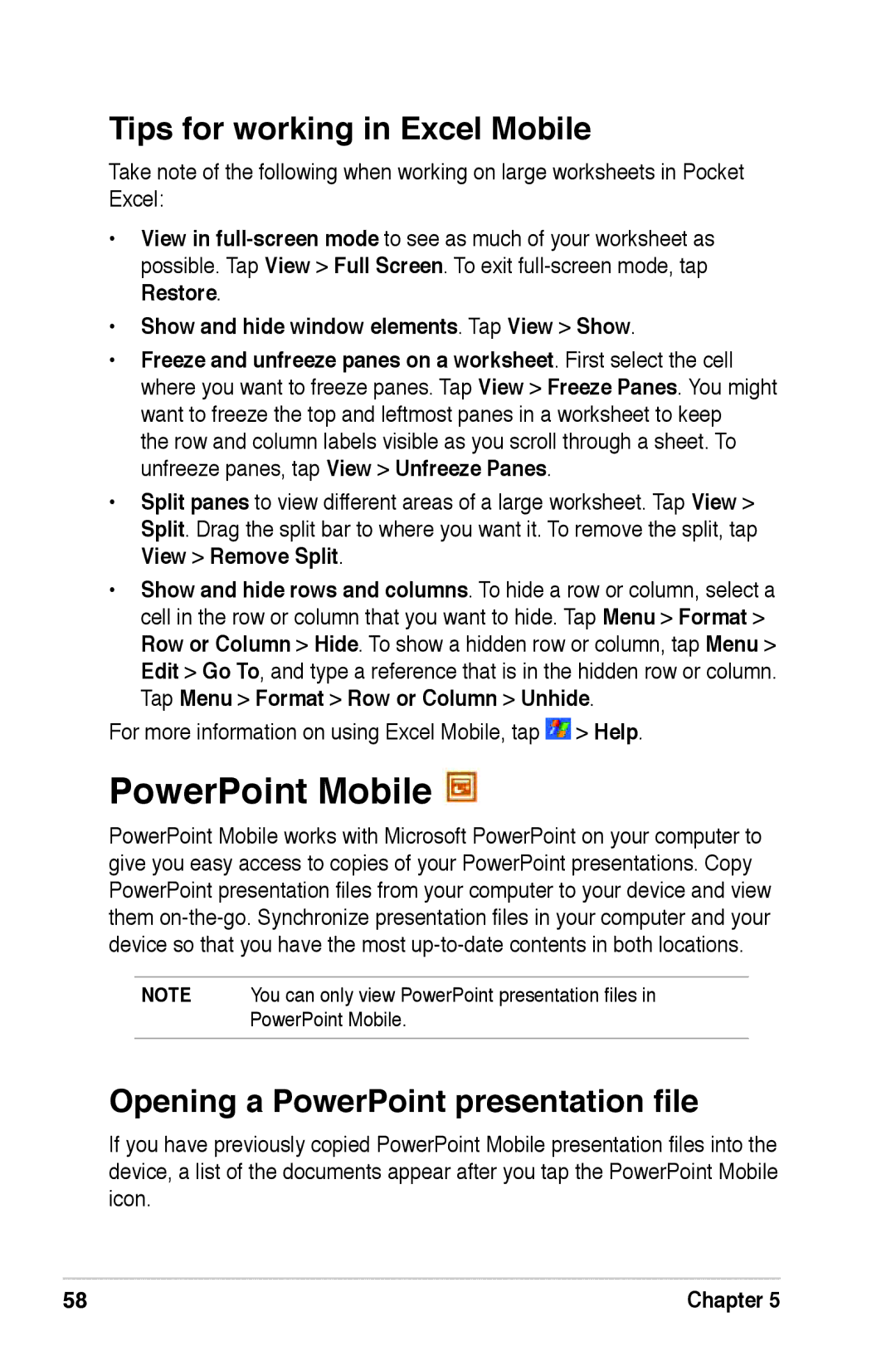 Asus A639 user manual PowerPoint Mobile, Tips for working in Excel Mobile, Opening a PowerPoint presentation file 