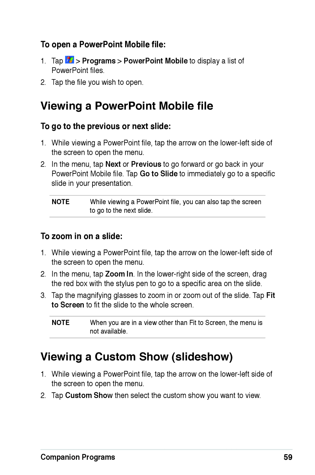 Asus A639 user manual Viewing a PowerPoint Mobile file, Viewing a Custom Show slideshow, To open a PowerPoint Mobile file 