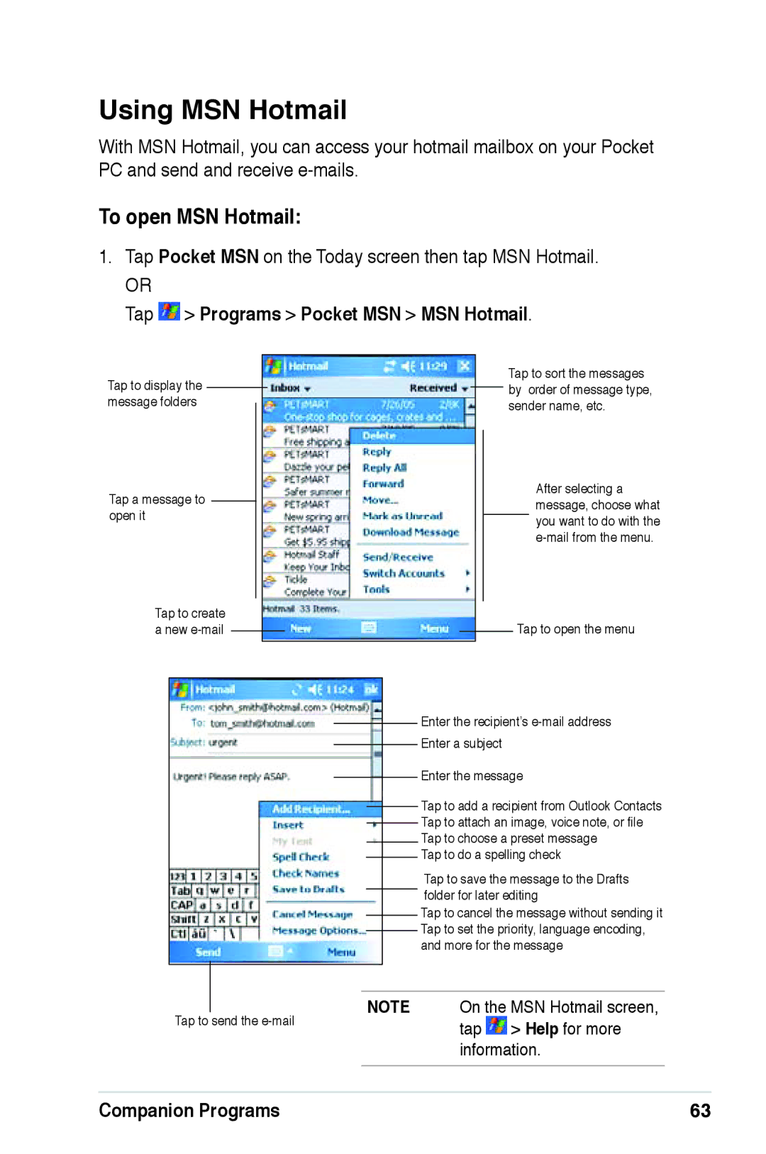 Asus A639 user manual Using MSN Hotmail, To open MSN Hotmail, Tap Pocket MSN on the Today screen then tap MSN Hotmail 