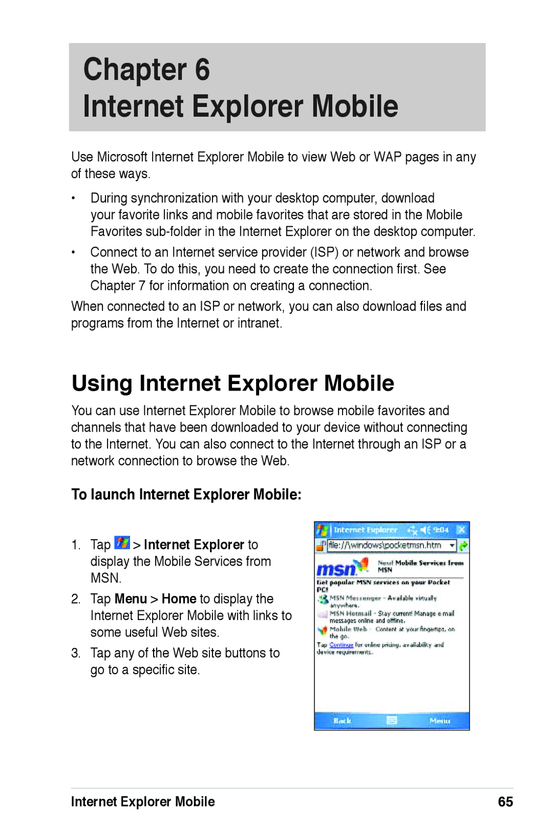 Asus A639 user manual Using Internet Explorer Mobile, To launch Internet Explorer Mobile 