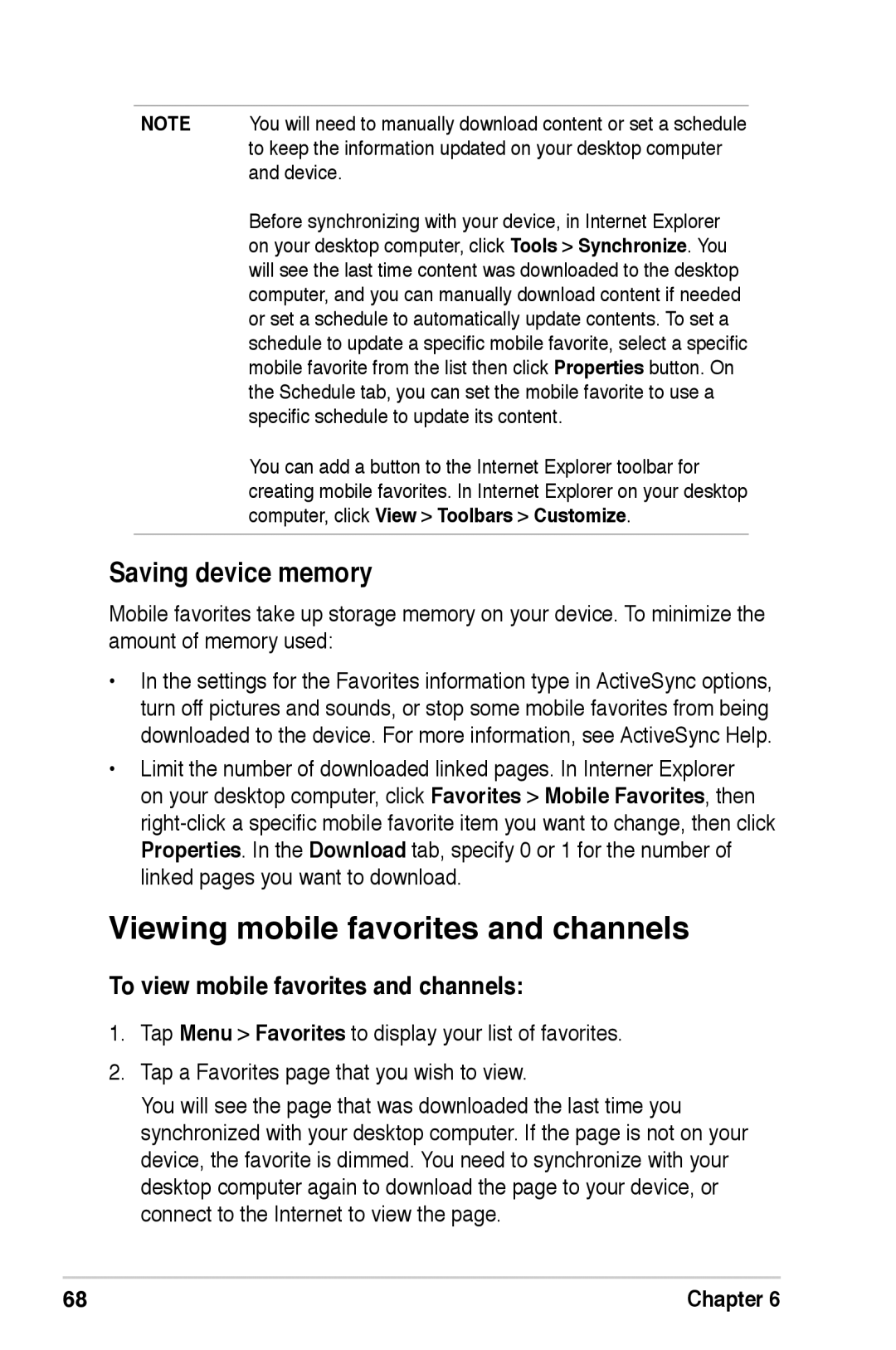 Asus A639 user manual Viewing mobile favorites and channels, Saving device memory, To view mobile favorites and channels 