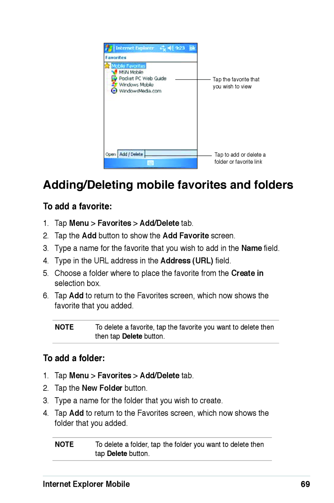 Asus A639 user manual Adding/Deleting mobile favorites and folders, To add a favorite, To add a folder 