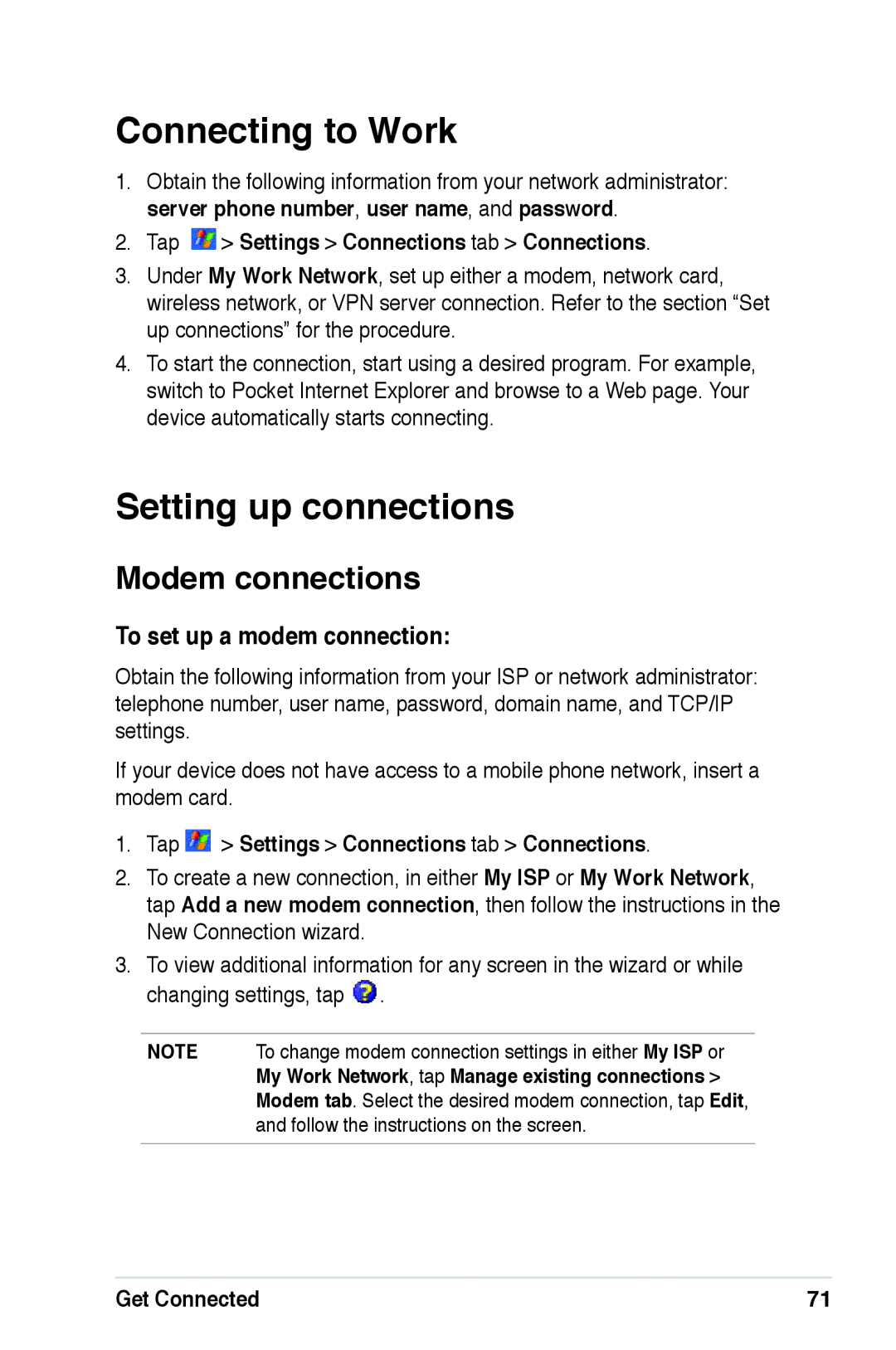 Asus A639 user manual Connecting to Work, Setting up connections, Modem connections, To set up a modem connection 