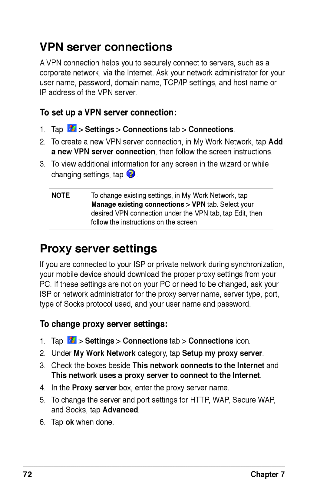 Asus A639 user manual VPN server connections, Proxy server settings, To set up a VPN server connection 