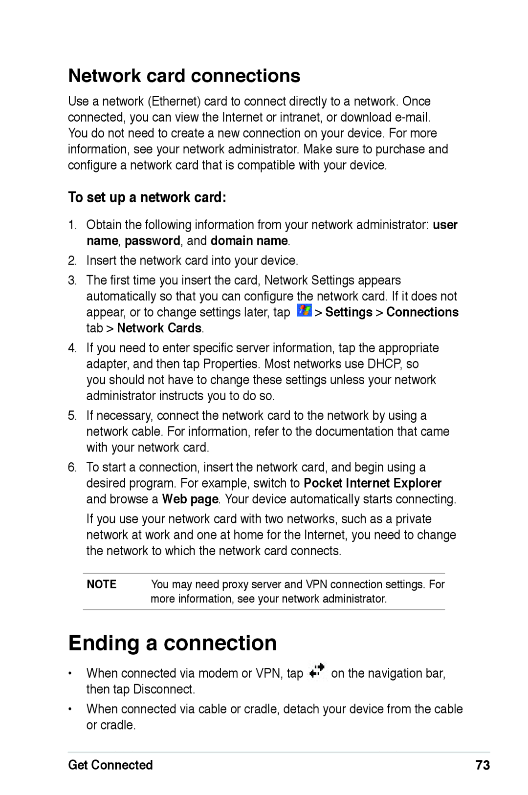 Asus A639 user manual Ending a connection, Network card connections, To set up a network card 