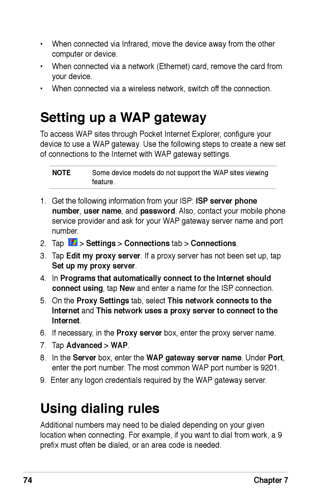 Asus A639 user manual Setting up a WAP gateway, Using dialing rules, Tap Advanced WAP 