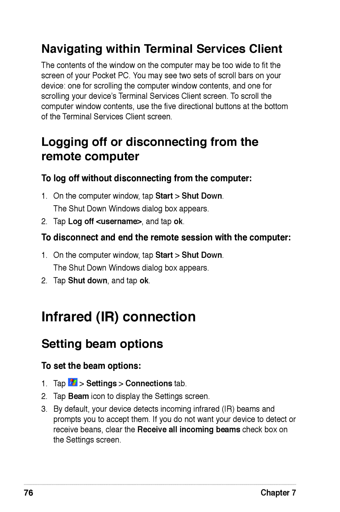 Asus A639 user manual Infrared IR connection, Navigating within Terminal Services Client, Setting beam options 