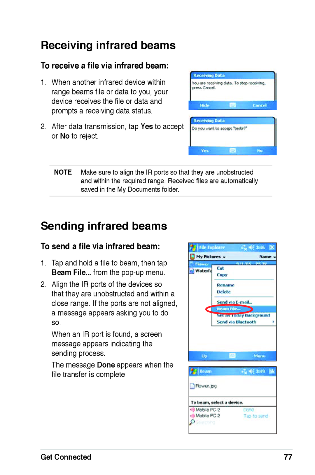 Asus A639 user manual Receiving infrared beams, Sending infrared beams, To receive a file via infrared beam 