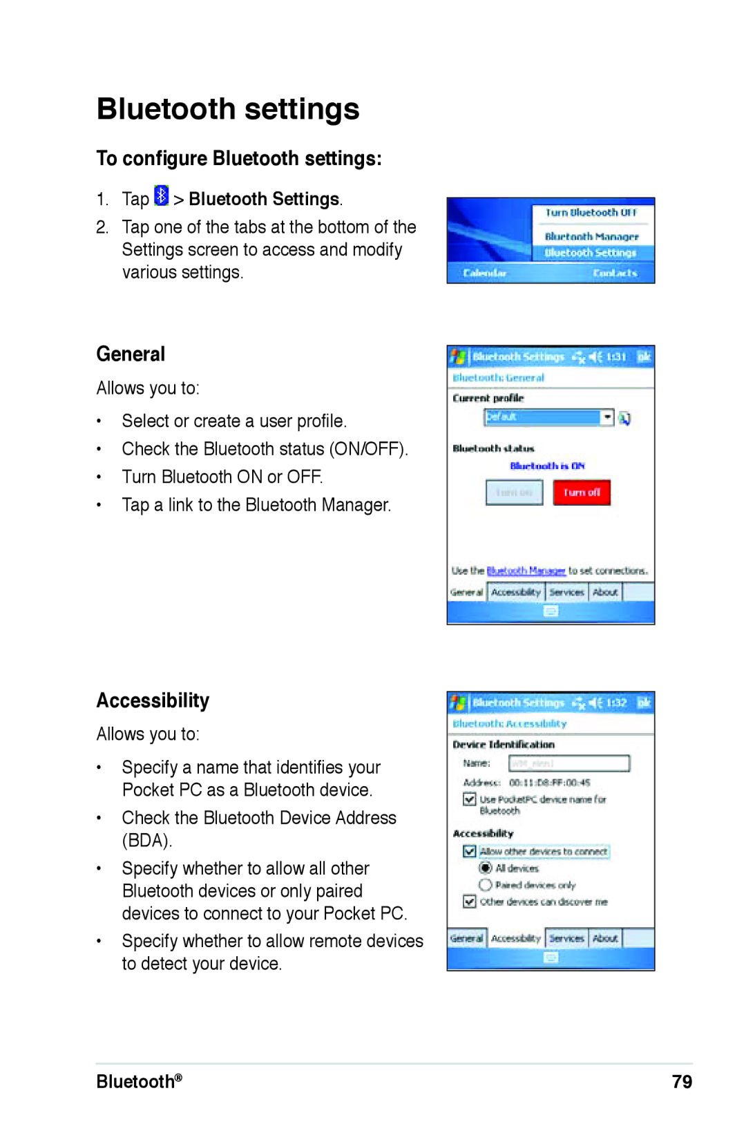 Asus A639 user manual To configure Bluetooth settings, General, Accessibility 