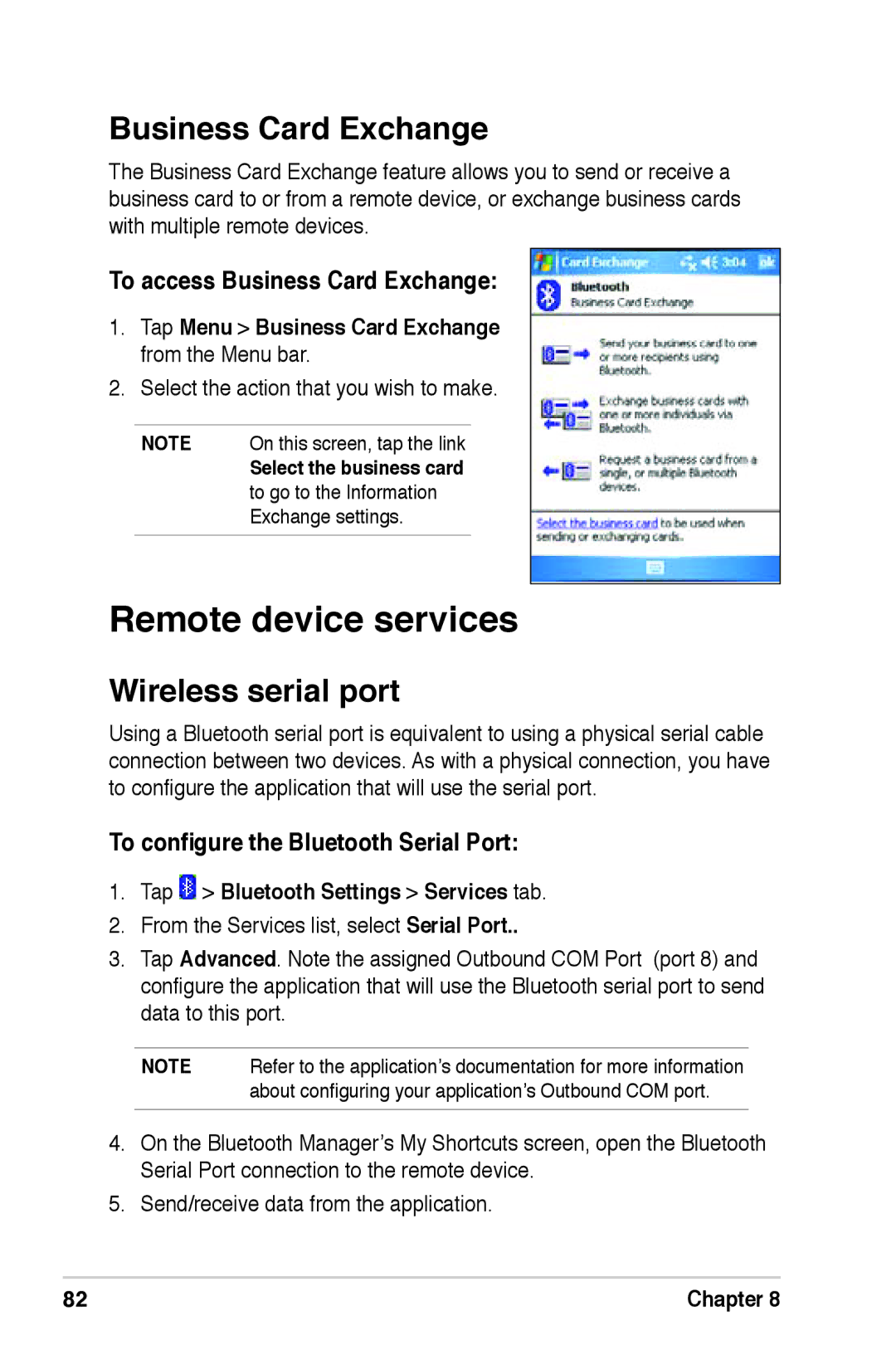 Asus A639 user manual Remote device services, Wireless serial port, To access Business Card Exchange 