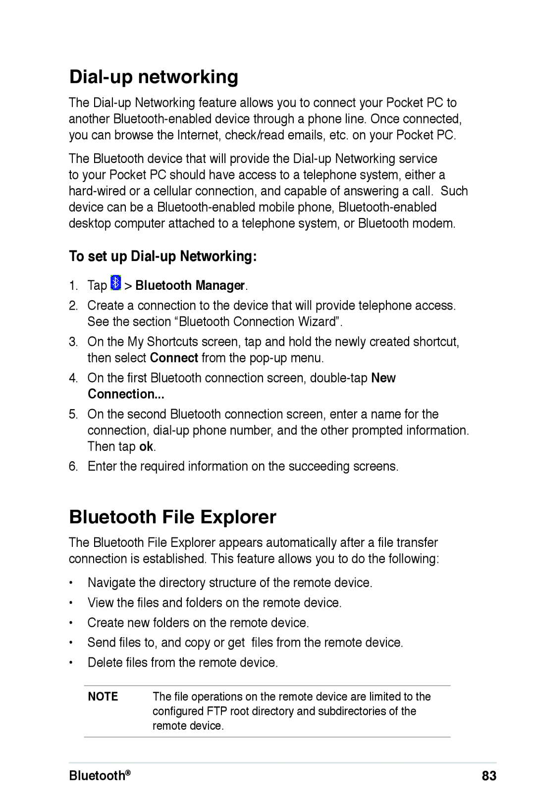 Asus A639 user manual Dial-up networking, Bluetooth File Explorer, To set up Dial-up Networking, Connection 