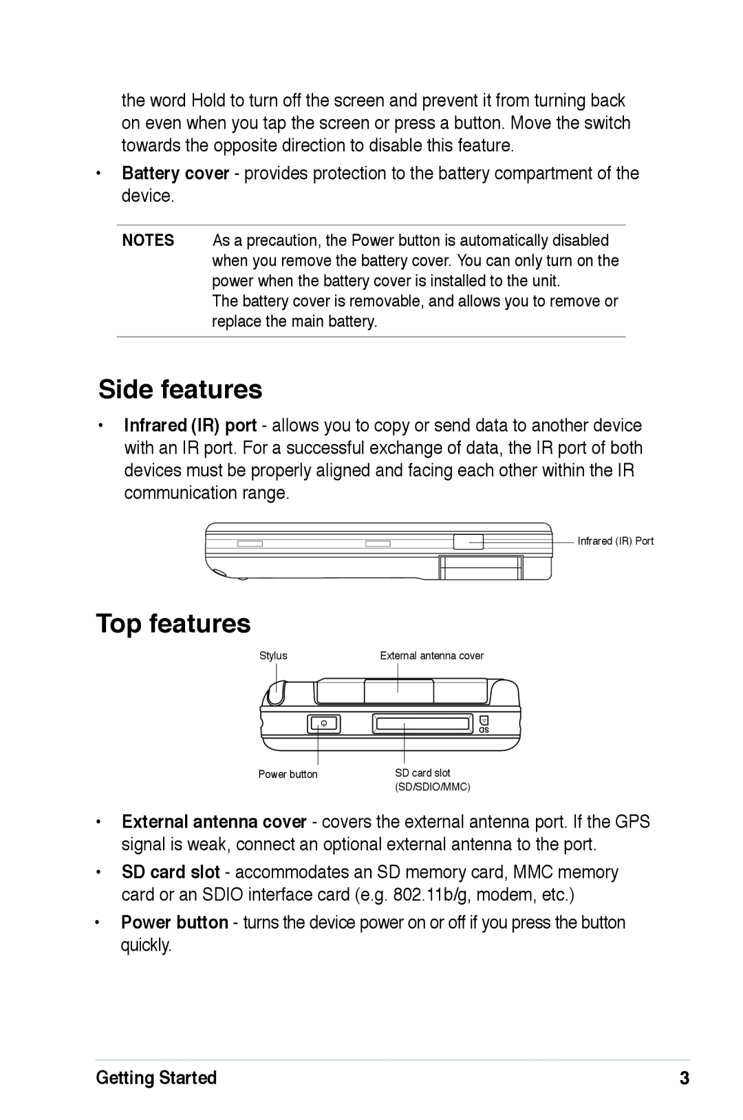 Asus A639 user manual Side features, Top features 