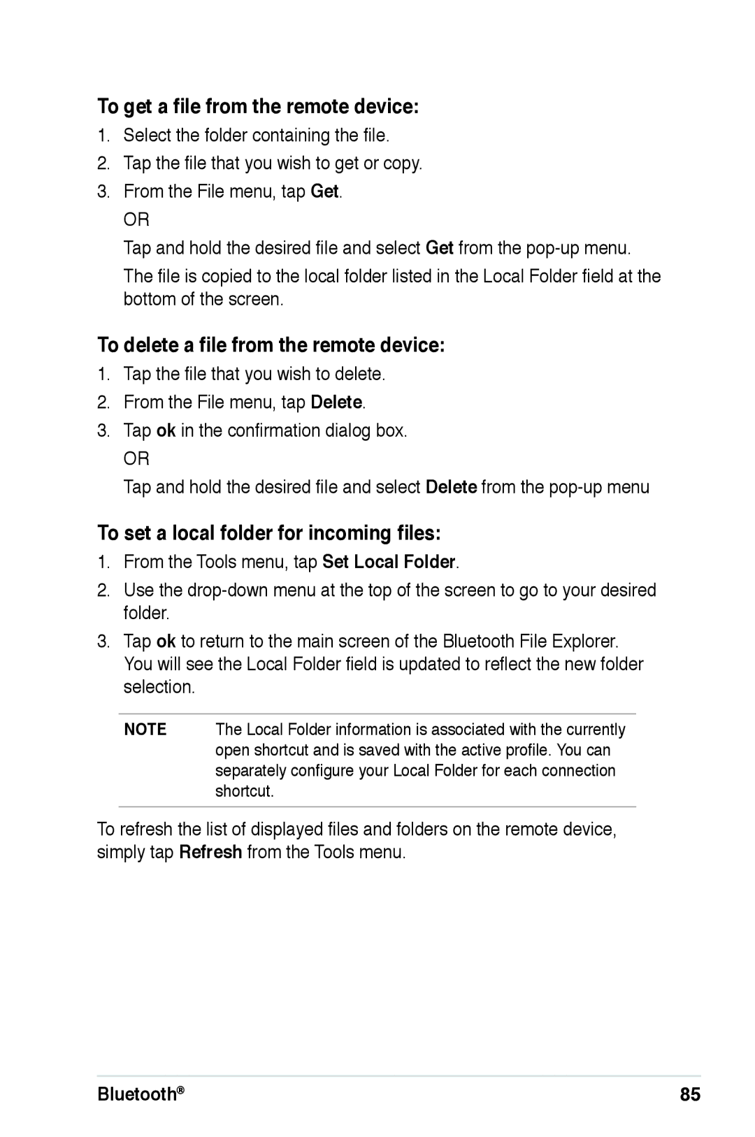 Asus A639 user manual To get a file from the remote device, To delete a file from the remote device 