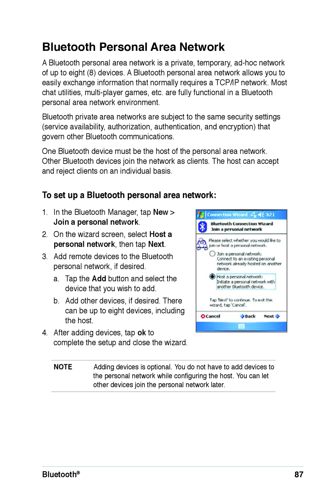 Asus A639 user manual Bluetooth Personal Area Network, To set up a Bluetooth personal area network 