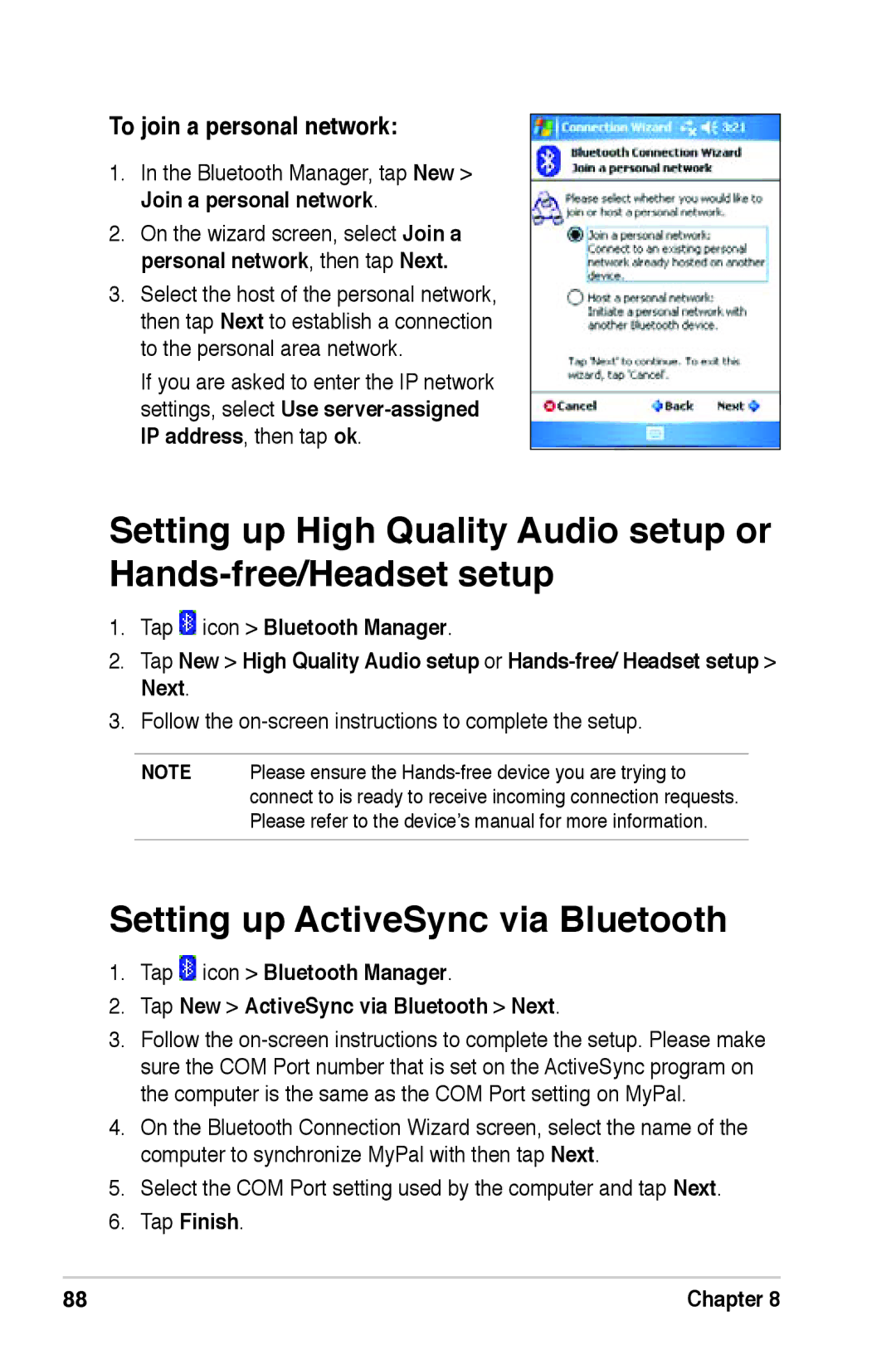 Asus A639 user manual Setting up ActiveSync via Bluetooth, To join a personal network, Tap Finish 