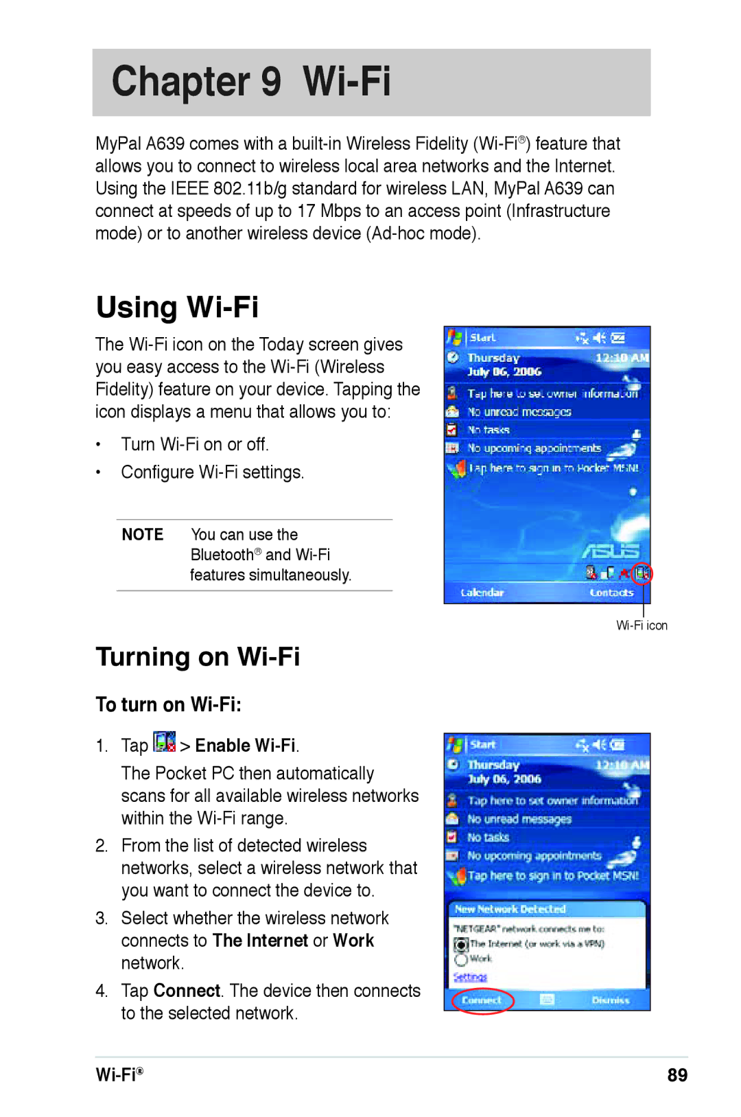 Asus A639 user manual Using Wi-Fi, Turning on Wi-Fi, To turn on Wi-Fi, Tap Enable Wi-Fi 