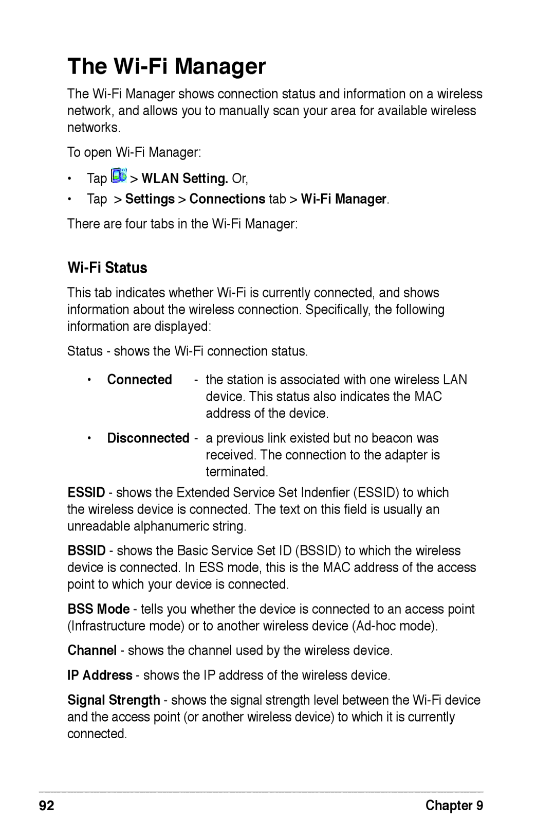 Asus A639 user manual Wi-Fi Status, There are four tabs in the Wi-Fi Manager 