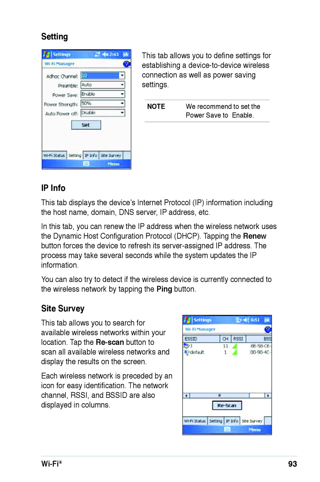 Asus A639 user manual Setting, IP Info, Site Survey 