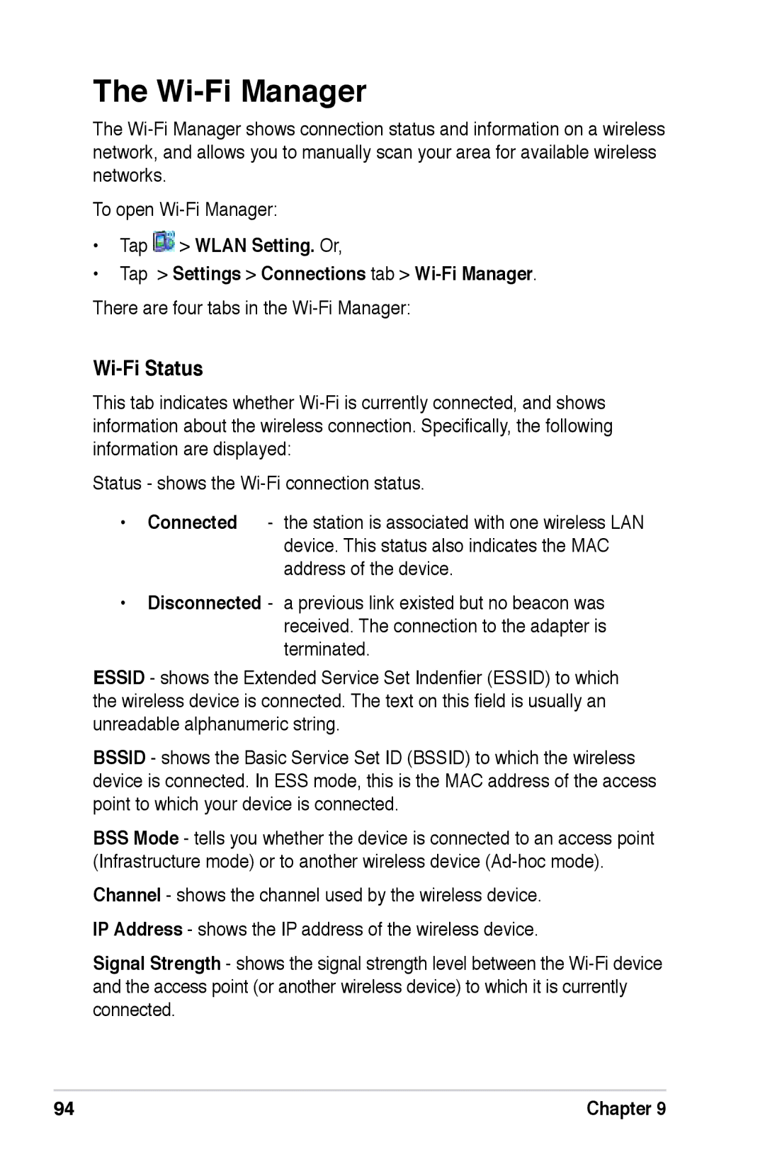 Asus A626, A696, A686 user manual Wi-Fi Status, There are four tabs in the Wi-Fi Manager 