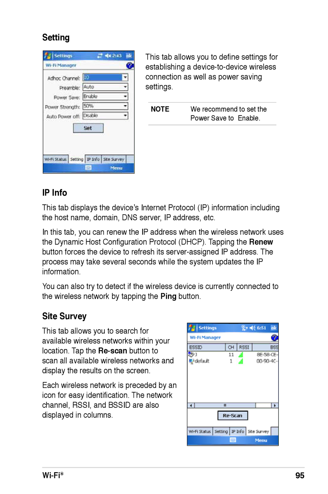 Asus A686, A696, A626 user manual Setting, IP Info, Site Survey 