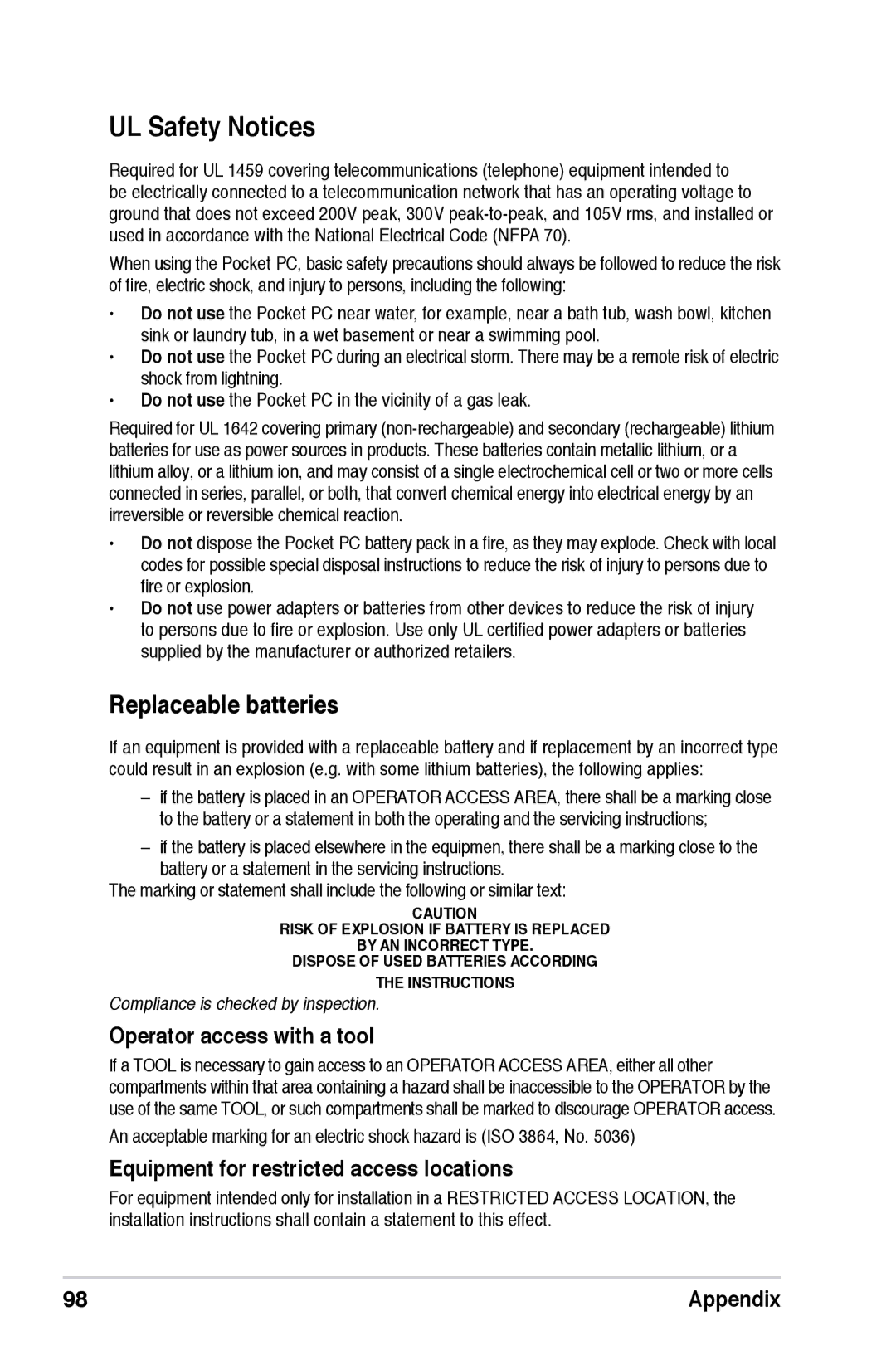 Asus A686 UL Safety Notices, Replaceable batteries, Operator access with a tool, Equipment for restricted access locations 