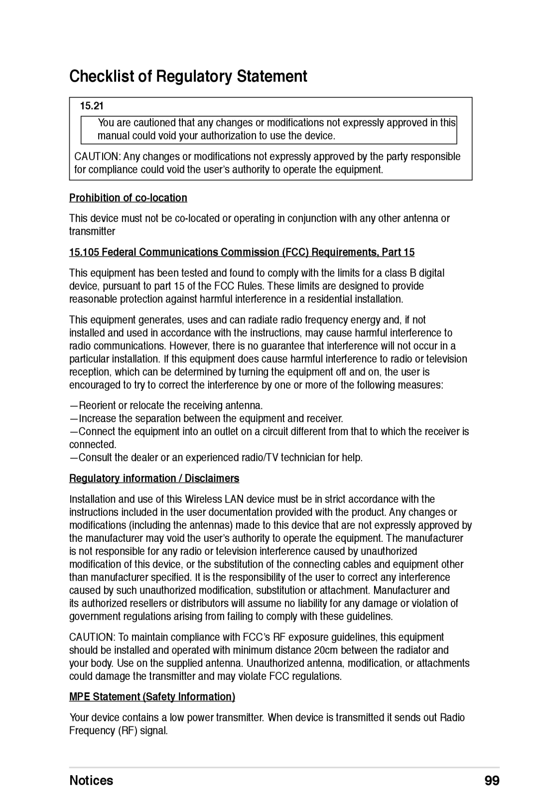 Asus A696, A626, A686 user manual Checklist of Regulatory Statement, 15.21 