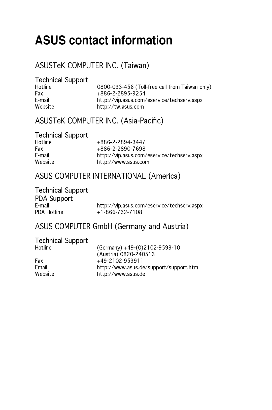 Asus A696, A626, A686 user manual Asus contact information 