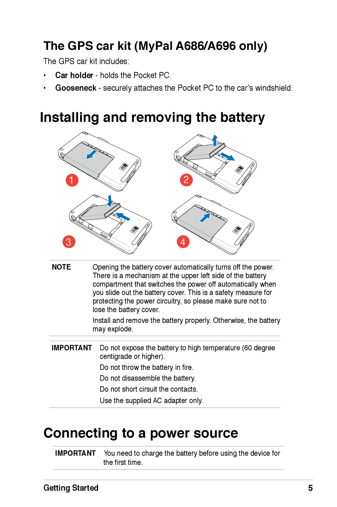 Asus A626 Installing and removing the battery, Connecting to a power source, GPS car kit MyPal A686/A696 only 