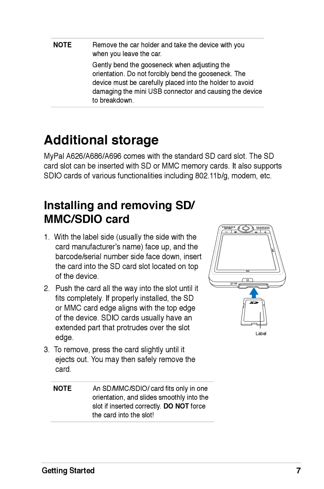 Asus A626, A696, A686 user manual Additional storage, Installing and removing SD/ MMC/SDIO card 