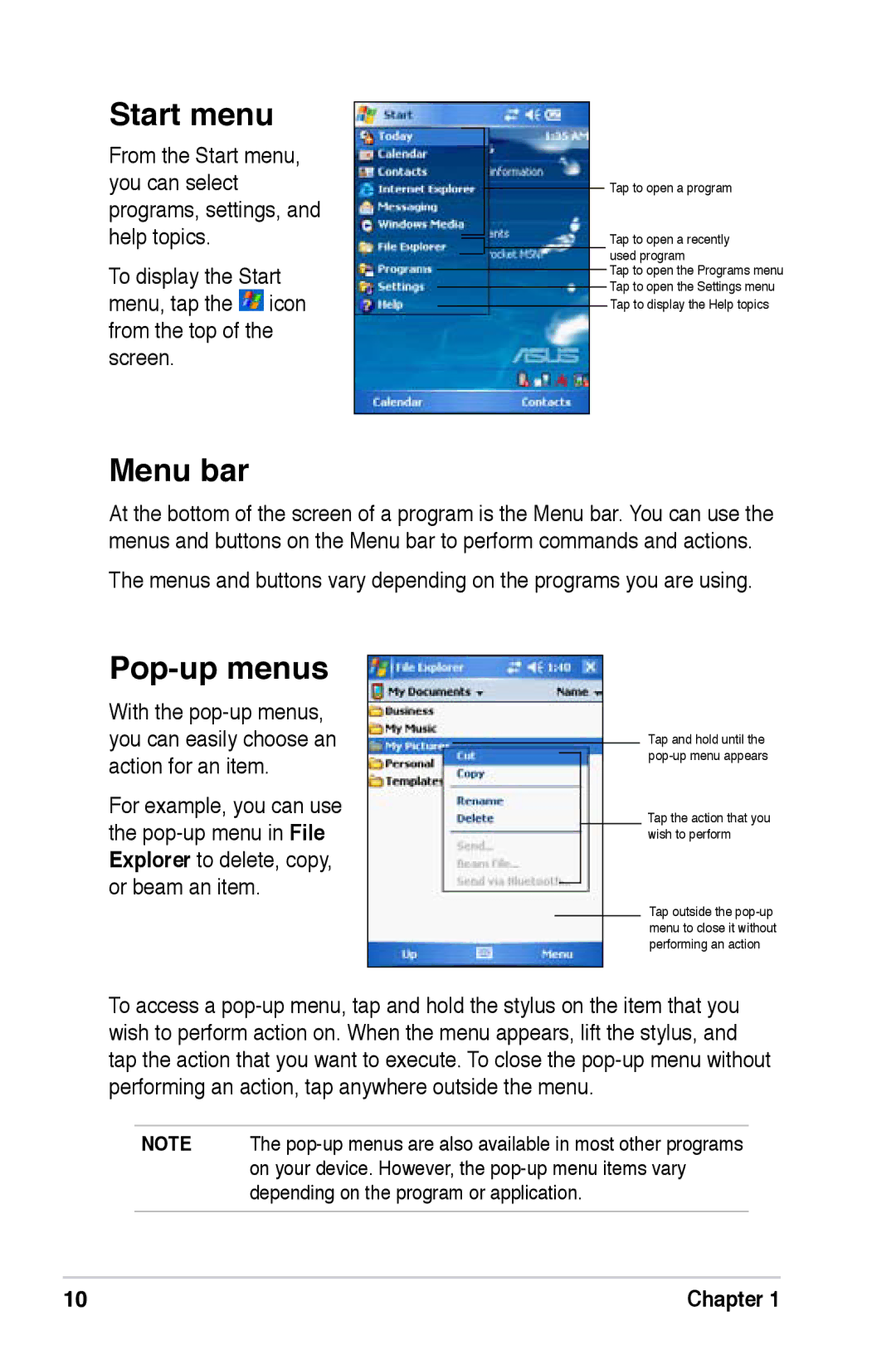 Asus A626, A696, A686 user manual Start menu, Menu bar, Pop-up menus 