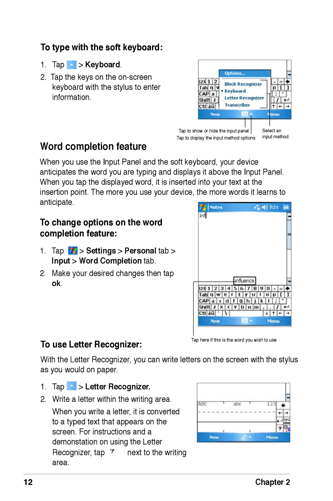 Asus A696, A626 Word completion feature, To type with the soft keyboard, To change options on the word completion feature 