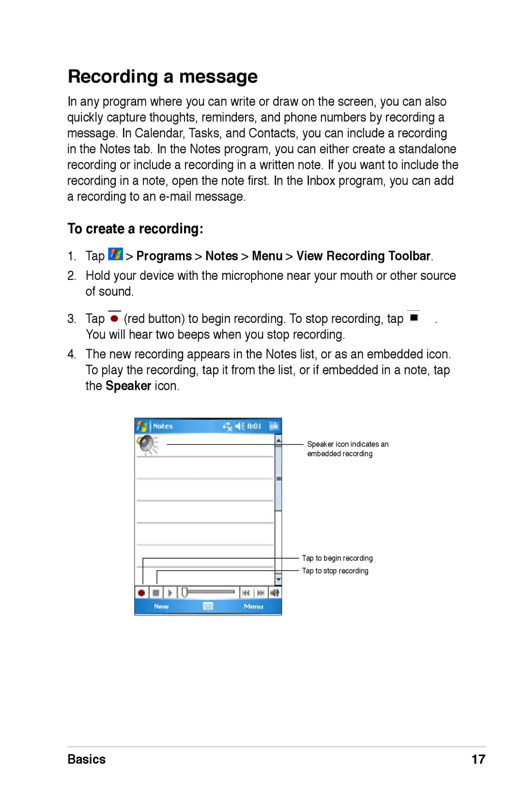 Asus A686, A696, A626 user manual Recording a message, To create a recording, Tap Programs Notes Menu View Recording Toolbar 