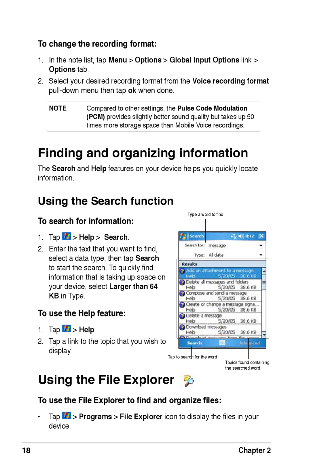 Asus A696, A626, A686 user manual Finding and organizing information, Using the File Explorer, Using the Search function 