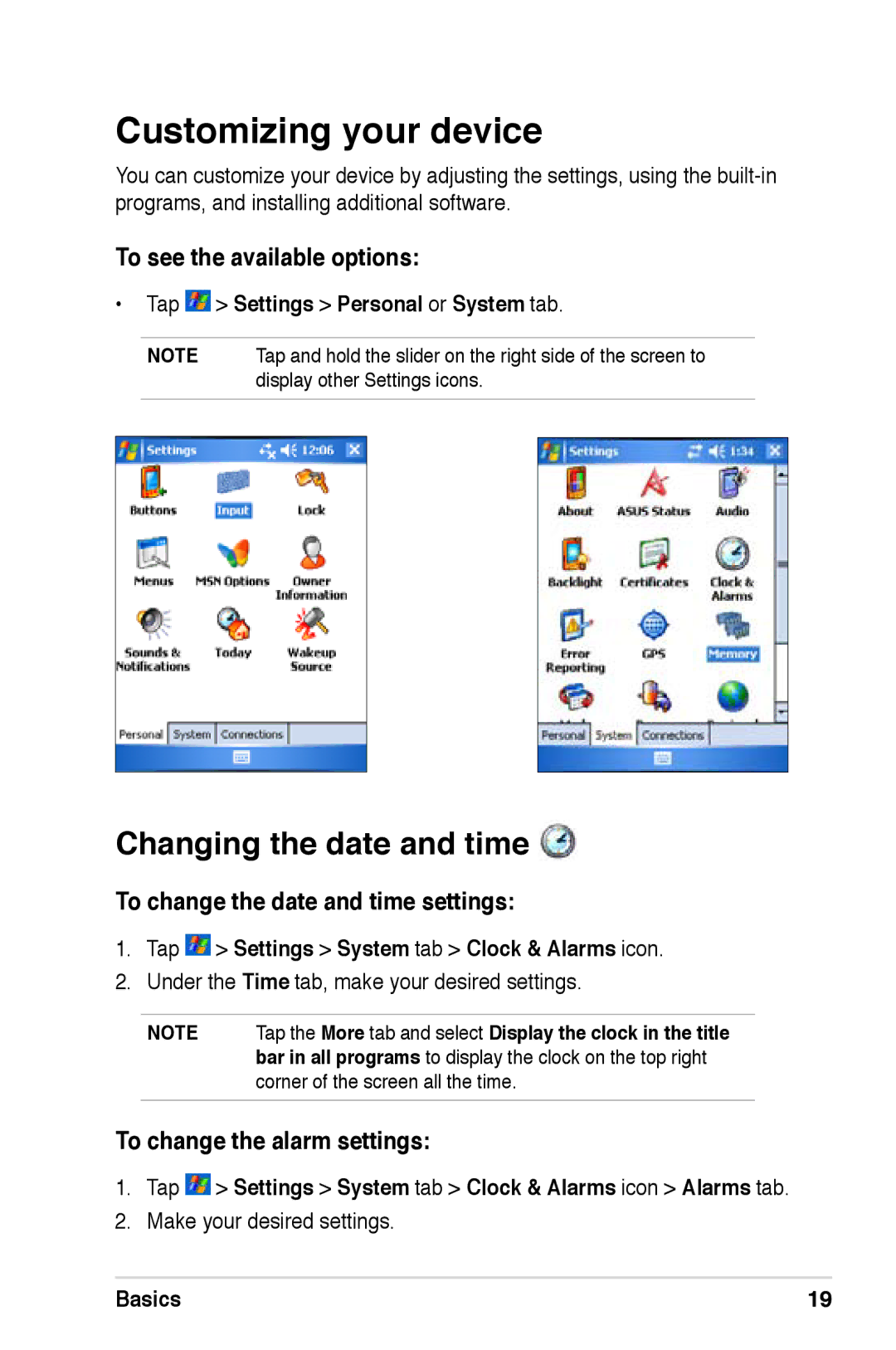 Asus A626 Customizing your device, Changing the date and time, To see the available options, To change the alarm settings 