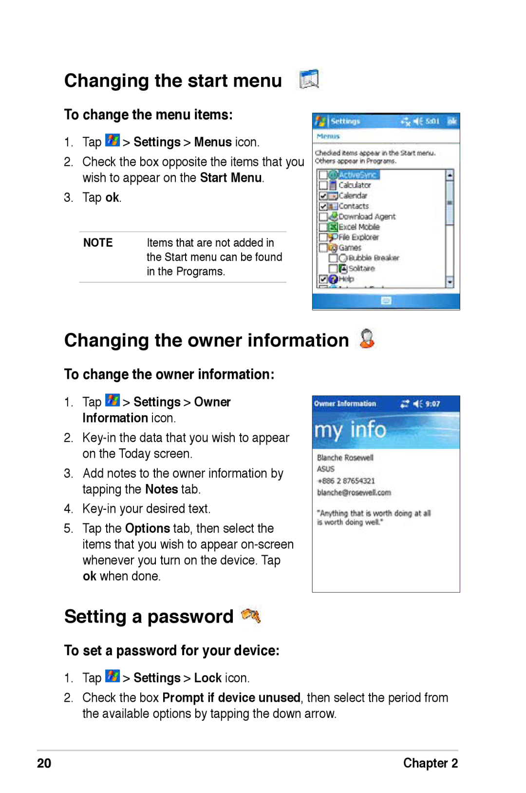 Asus A686, A696, A626 user manual Changing the start menu, Changing the owner information, Setting a password 