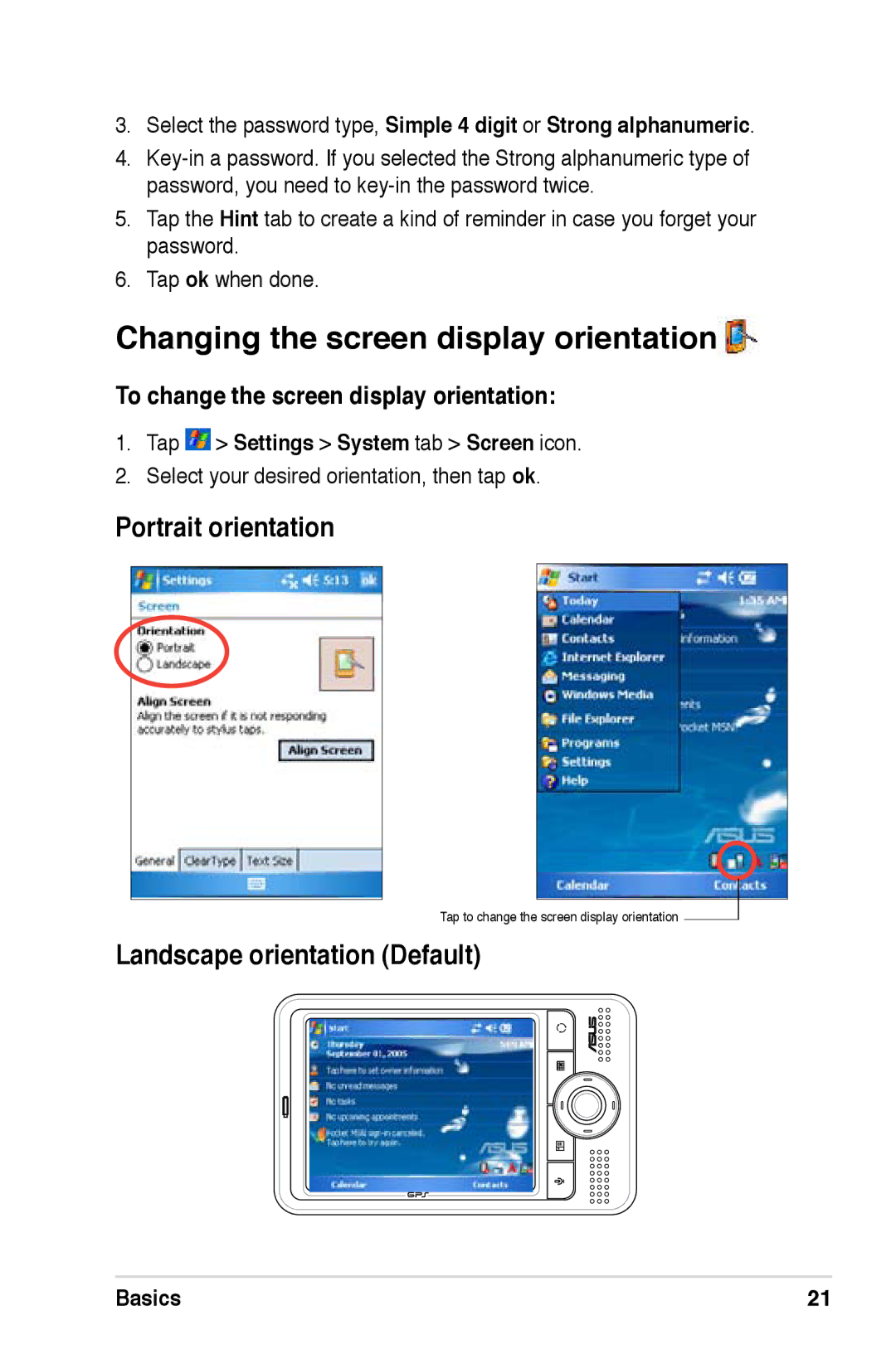 Asus A696, A626, A686 Changing the screen display orientation, Portrait orientation, Landscape orientation Default 