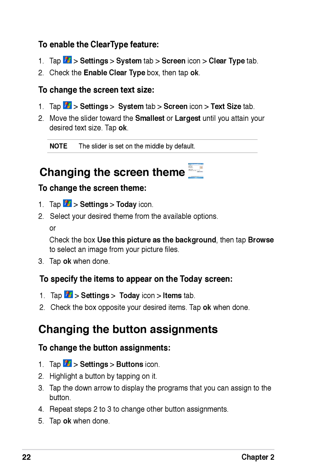 Asus A626, A696, A686 user manual Changing the screen theme, Changing the button assignments 