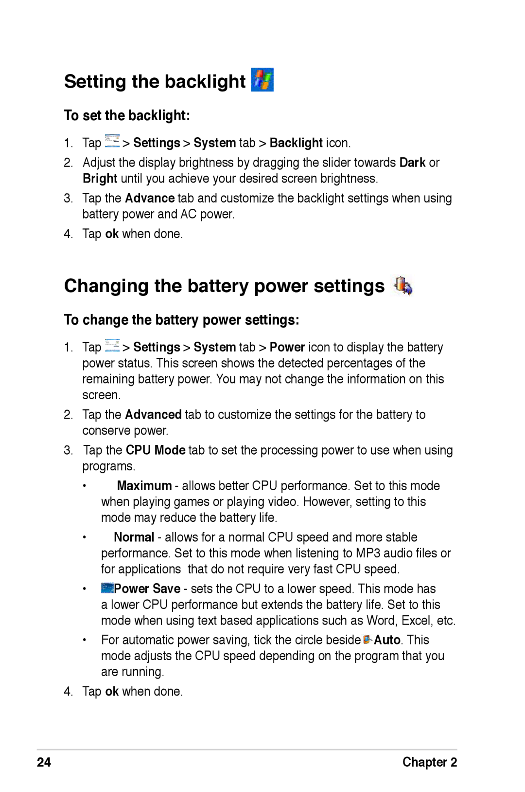 Asus A696, A626, A686 user manual Setting the backlight, Changing the battery power settings, To set the backlight 