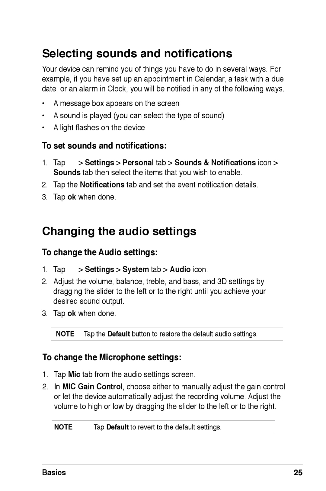 Asus A626, A696, A686 Selecting sounds and notifications, Changing the audio settings, To set sounds and notifications 