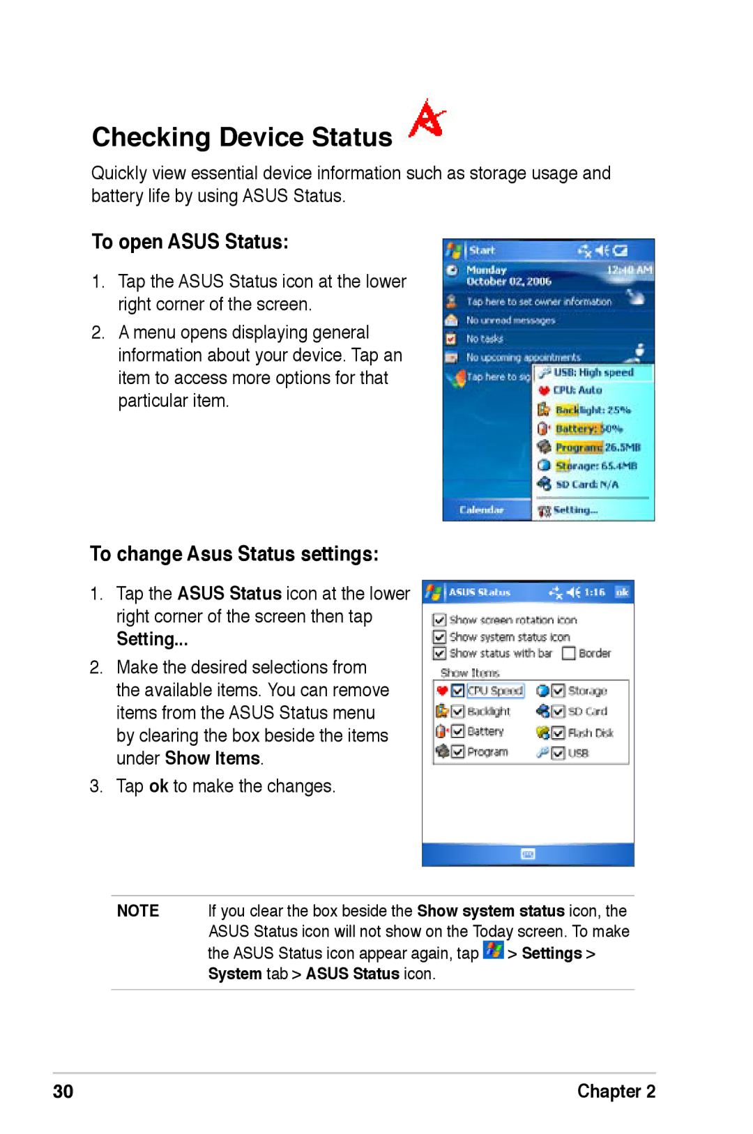 Asus A696 Checking Device Status, To open Asus Status, To change Asus Status settings, Setting, Tap ok to make the changes 