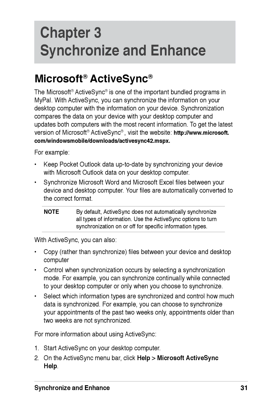 Asus A626, A696, A686 user manual Microsoft ActiveSync, Synchronize and Enhance 